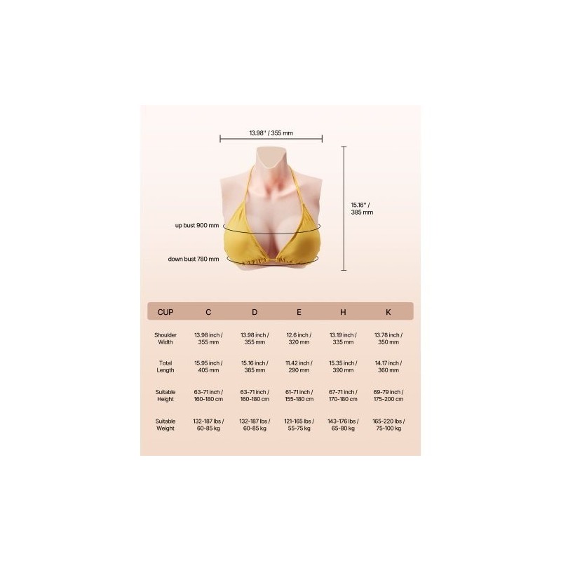 Silikoninen rintalevy D-kuppi 100% silikoni elefantinluunvärinen cosplayhin ja drag-esiintyjille