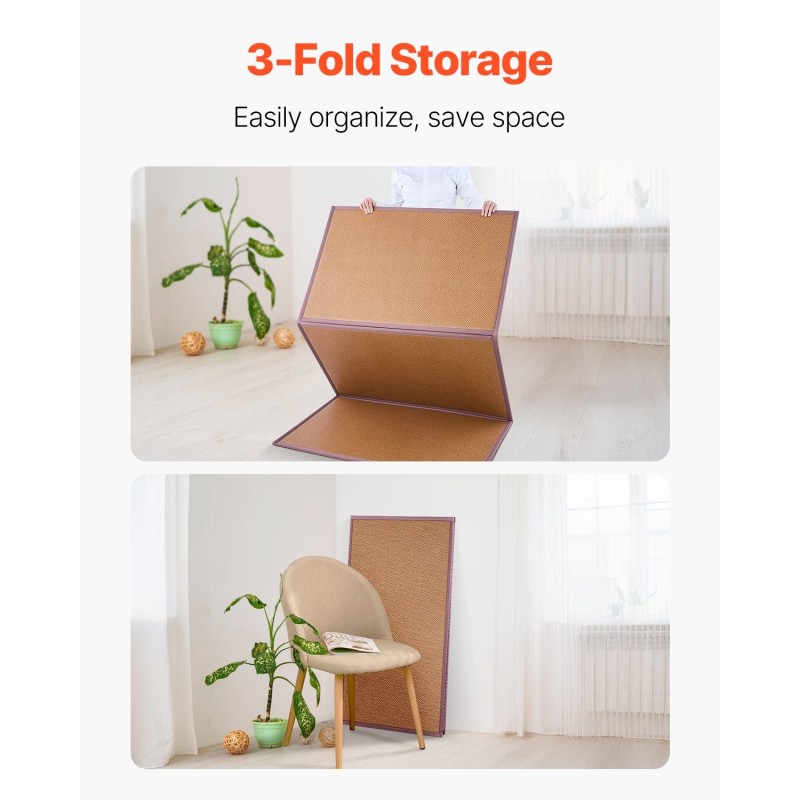 Tatamimatto luonnollisesta rottingista koko 203 x 99 cm kolmiosainen taitto liukuestopohjalla