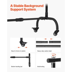 Säädettävä taustateline Q195-hiiliteräs musta korkeus 95–213 cm leveys 139–306 cm pyörällinen