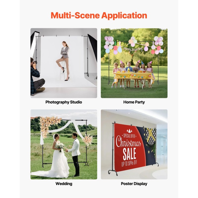 Säädettävä taustateline Q195-hiiliteräs musta korkeus 95–213 cm leveys 139–306 cm pyörällinen