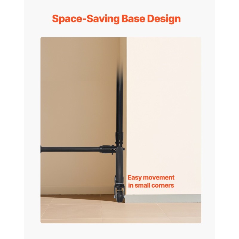 Säädettävä taustateline Q195-hiiliteräs musta korkeus 95–213 cm leveys 139–306 cm pyörällinen