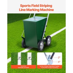 Kuivajauheviivamerkitsin hiiliteräsrunko 22,7 kg kapasiteetti säädettävä viivanleveys 7-tuumaiset metallipyörät urheilukentille