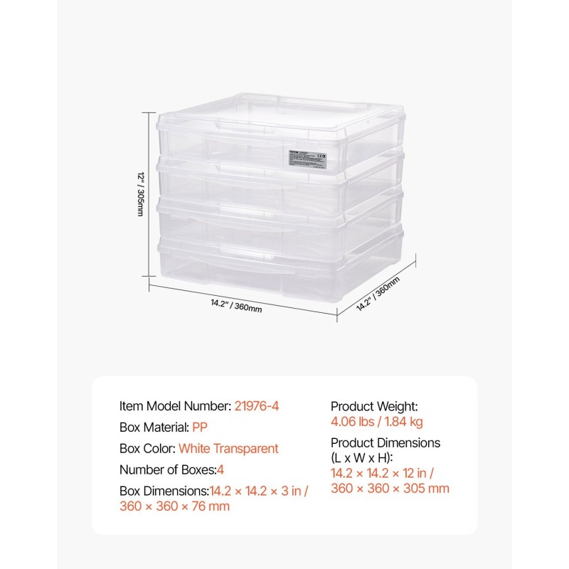 Pinottavat PP-muoviset säilytyslaatikot 4 kpl läpinäkyvät valkoiset 360x360x76 mm