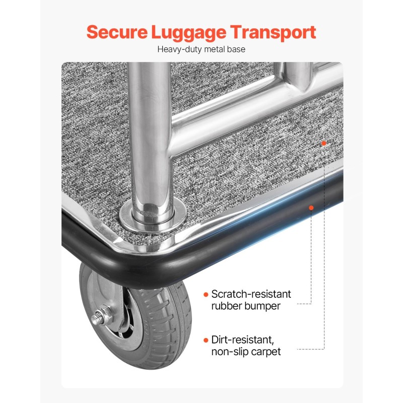 Hotellimatkatavaravaunu 340 kg kantavuus ruostumaton teräs 4 kpl 6 tuumaisia kumipyöriä