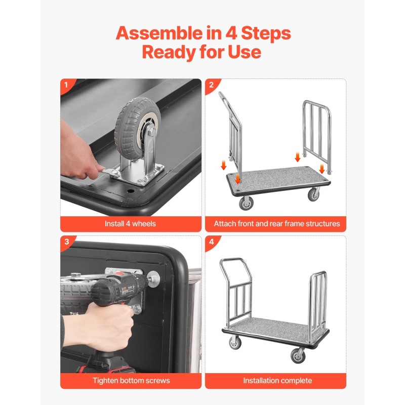 Hotellimatkatavaravaunu 340 kg kantavuus ruostumaton teräs 4 kpl 6 tuumaisia kumipyöriä