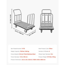 Hotellimatkatavaravaunu 340 kg kantavuus ruostumaton teräs 4 kpl 6 tuumaisia kumipyöriä