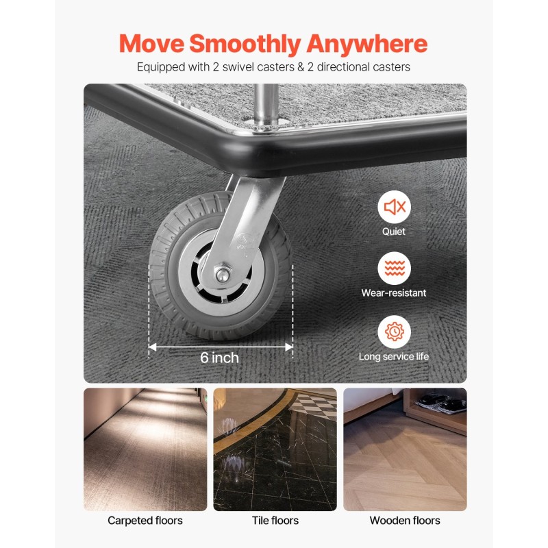Matkatavaravaunu ruostumatonta terästä 362 kilogramman kantavuus neljällä kuuden tuuman kumipyörällä