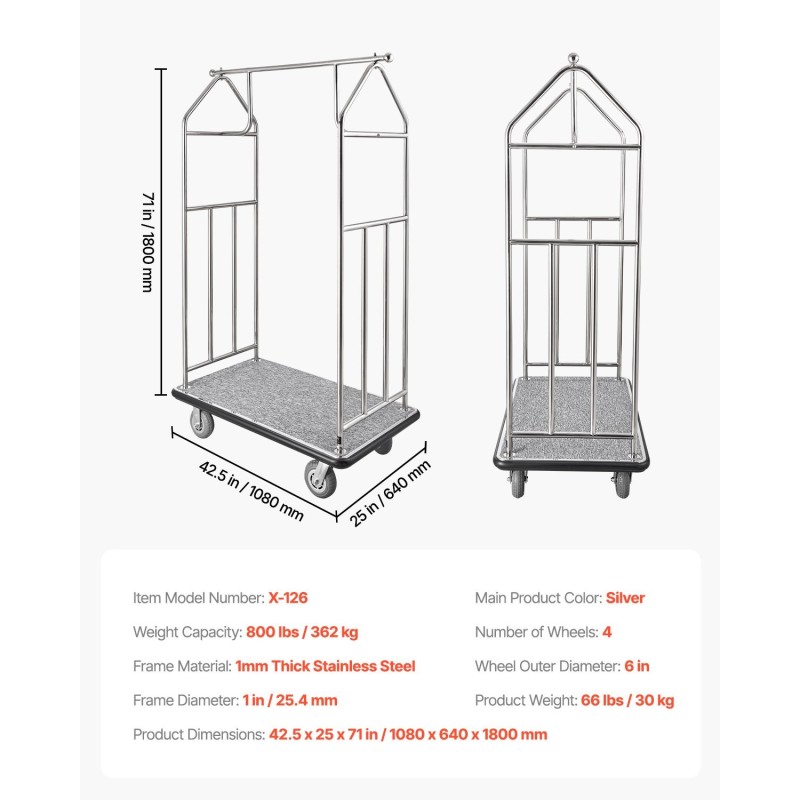 Matkatavaravaunu ruostumatonta terästä 362 kilogramman kantavuus neljällä kuuden tuuman kumipyörällä