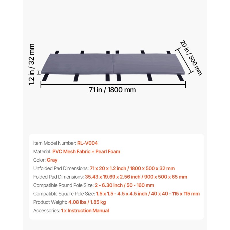 Koripallotolpan pehmuste PVC-verkkokangas helmipehmuste 1800 x 500 mm harmaa