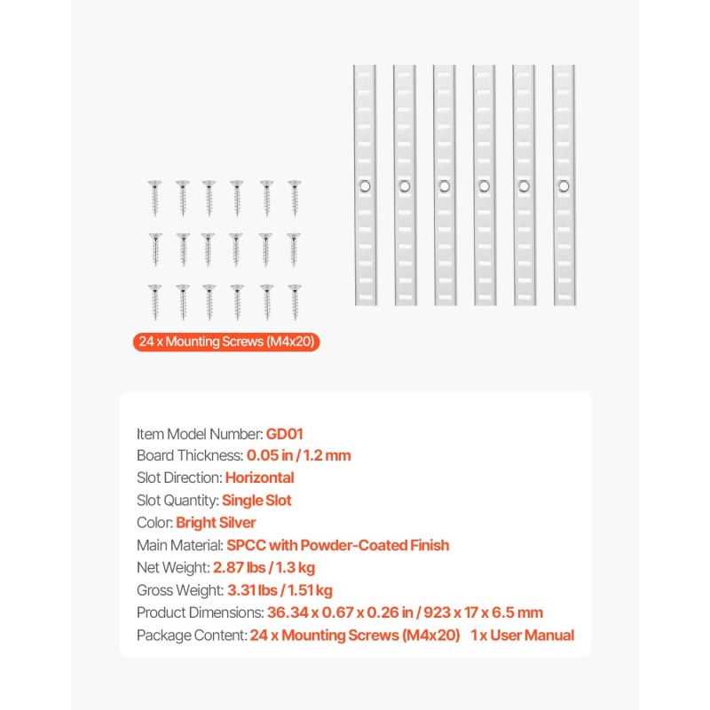 Säädettävät teräksiset hyllykiskot 923 mm 6 kpl jauhemaalattu kirkas hopea