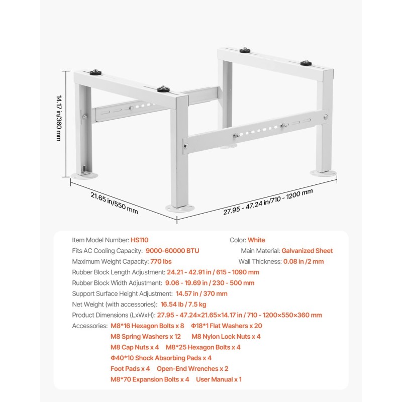 Maajalusta sinkitty teräs 710–1200 mm ulkoyksikölle 350 kg