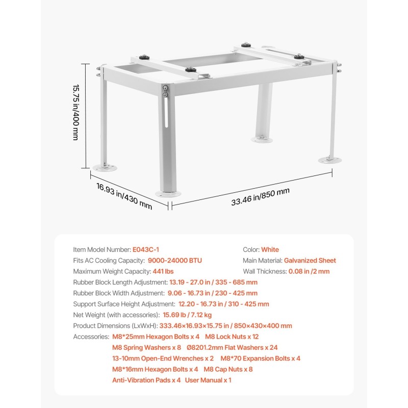 Ilmastointilaitteen lattiateline galvanoitua terästä säädettävä korkeus 200 kg kantavuus