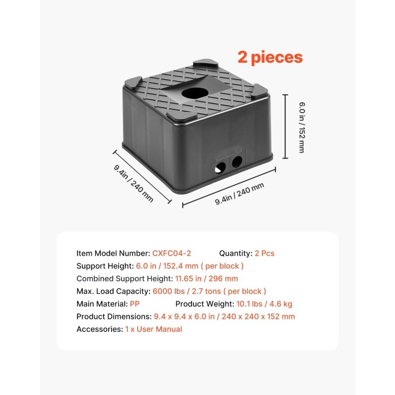 Tunkkiblokit PP-muovi 2 kpl 152,4 mm tukikorkeus 2,7 tonnia matkailuvaunuille ja matkailuautoille