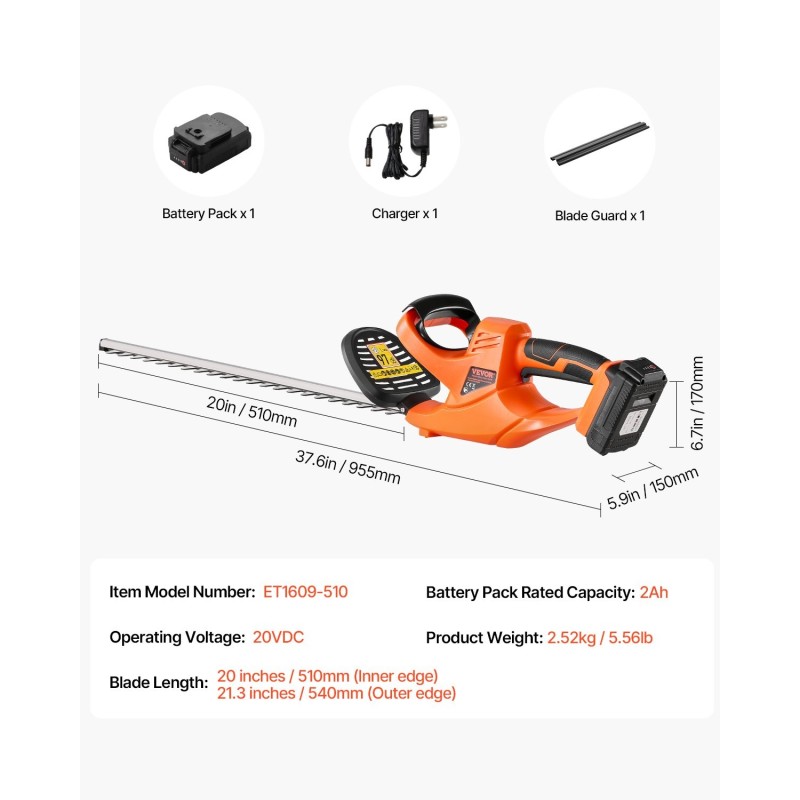 Akkukäyttöinen pensasleikkuri 20V 2Ah 540 mm kaksipuolinen terä matalille oksille