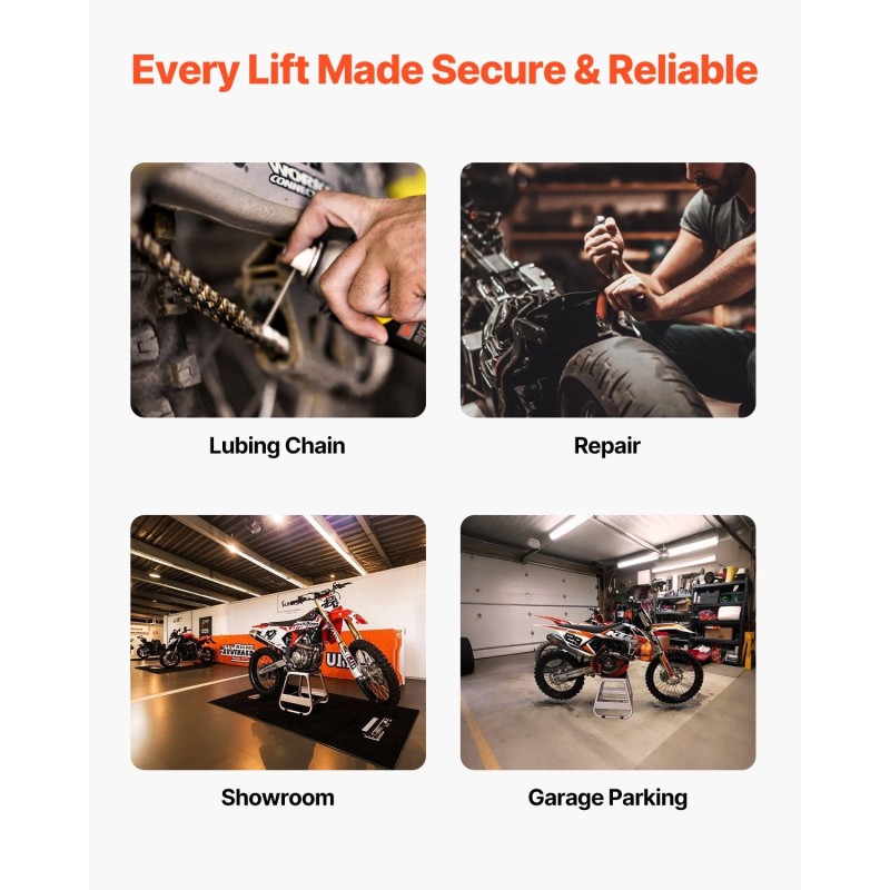 Moottoripyörän huoltoteline teräsrunko kumipehmusteilla kantavuus 1100 paunaa yleismallinen eri pyörämalleille