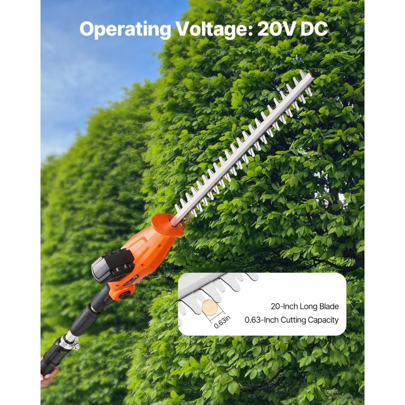 Akkukäyttöinen pensasleikkuri 20V 2Ah akulla teleskooppivarrella 1990–2480 mm 510 mm kaksipuoleisella terällä