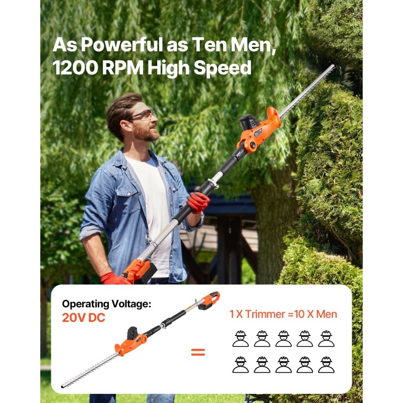 Akkukäyttöinen pensasleikkuri 20V 2Ah akulla teleskooppivarrella 1990–2480 mm 510 mm kaksipuoleisella terällä