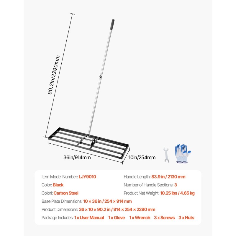 Nurmikon tasoitusharja hiiliteräs pitkä varsi 2130 mm pohjalevy 254x914 mm