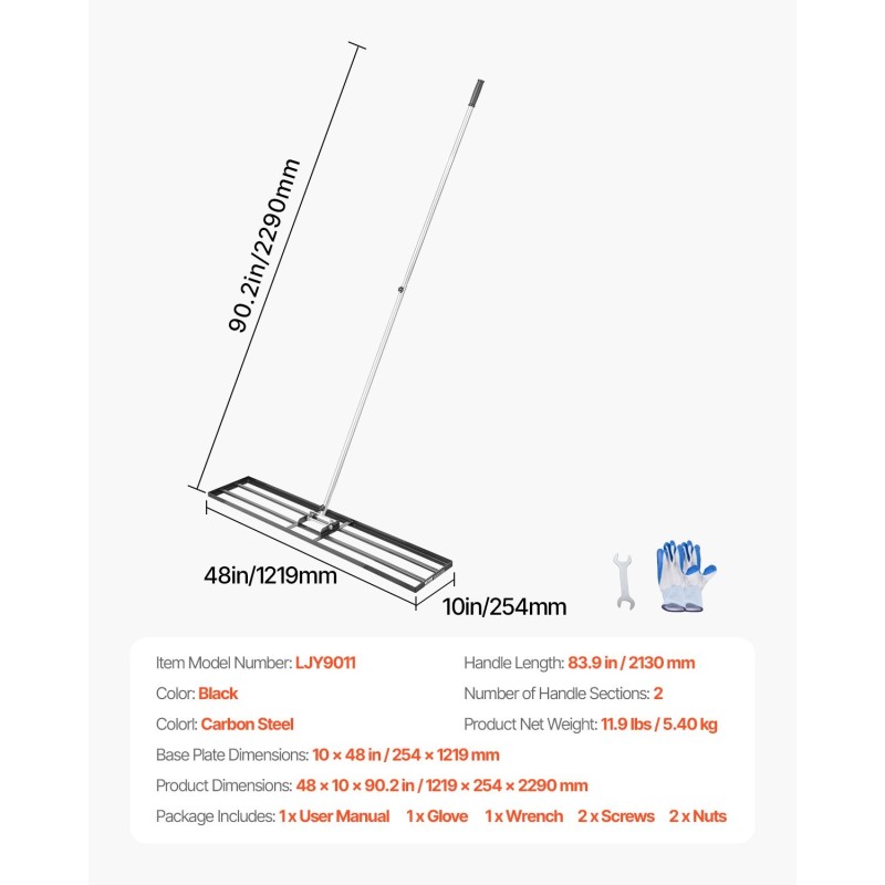 Nurmikon tasoitusharja hiiliteräs pohjalevy 1219 mm pitkä 2130 mm kahva