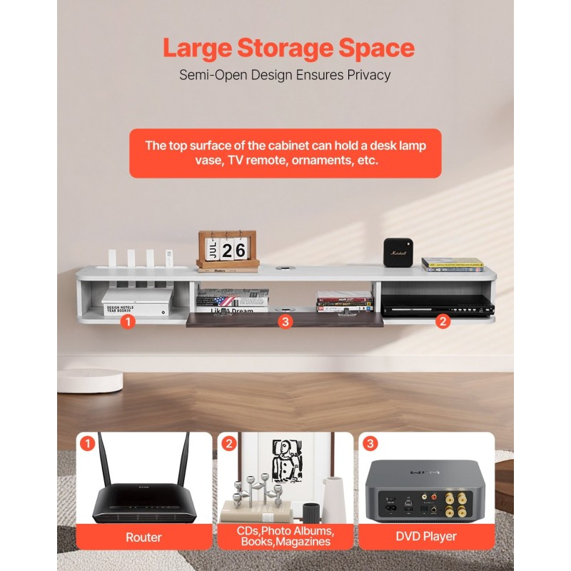 Seinäkiinnitteinen leijuvapaneelinen TV-taso 55-tuumainen E1-lastulevy valkoinen puunsävy