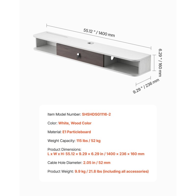 Seinäkiinnitteinen leijuvapaneelinen TV-taso 55-tuumainen E1-lastulevy valkoinen puunsävy