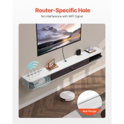 Seinäasenteinen kelluva TV-taso 1800 mm E1-lastulevy valkoinen ja puunsävy reititinpaikalla