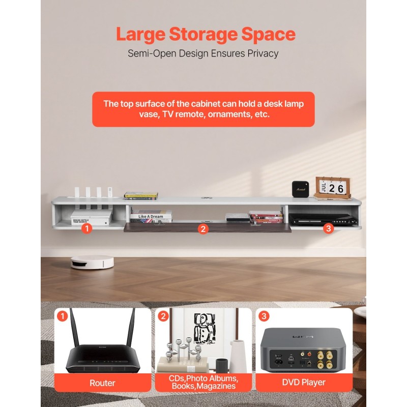 Seinäasenteinen kelluva TV-taso 1800 mm E1-lastulevy valkoinen ja puunsävy reititinpaikalla