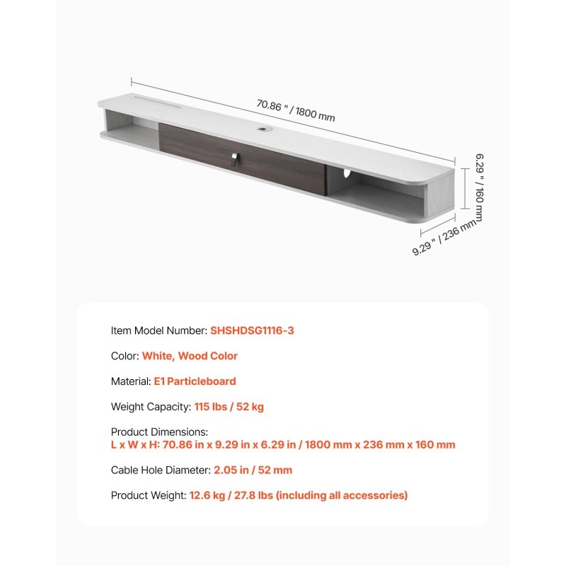 Seinäasenteinen kelluva TV-taso 1800 mm E1-lastulevy valkoinen ja puunsävy reititinpaikalla