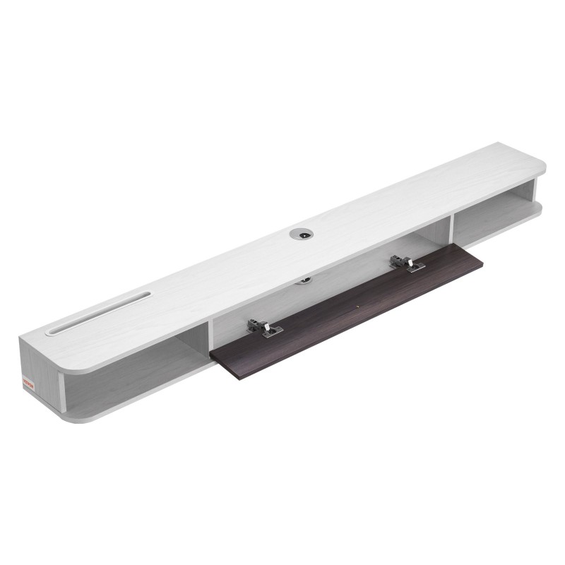 Seinäasenteinen kelluva TV-taso 1800 mm E1-lastulevy valkoinen ja puunsävy reititinpaikalla