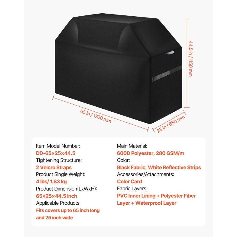 Grillisuoja 600D polyesteri kolmikerroksinen vesitiivis sopii enintään 65 tuuman grilleille tarranauhoilla
