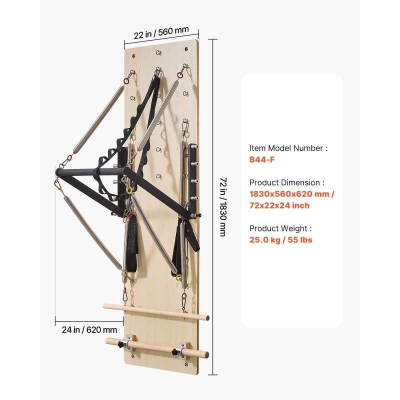 Seinälle asennettava pilates-jousiseinä vaahterapuinen 1830x560 mm 8 säädettävää vastustasoa koti- ja studiokäyttöön