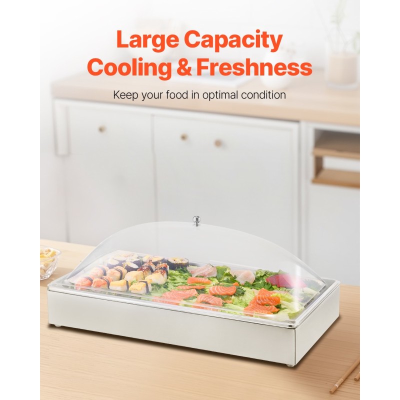 Pöytämallinen tarjoiluastia ruostumatonta terästä yksi lokero kahdeksan litran jäävati läpinäkyvä kaarikansi