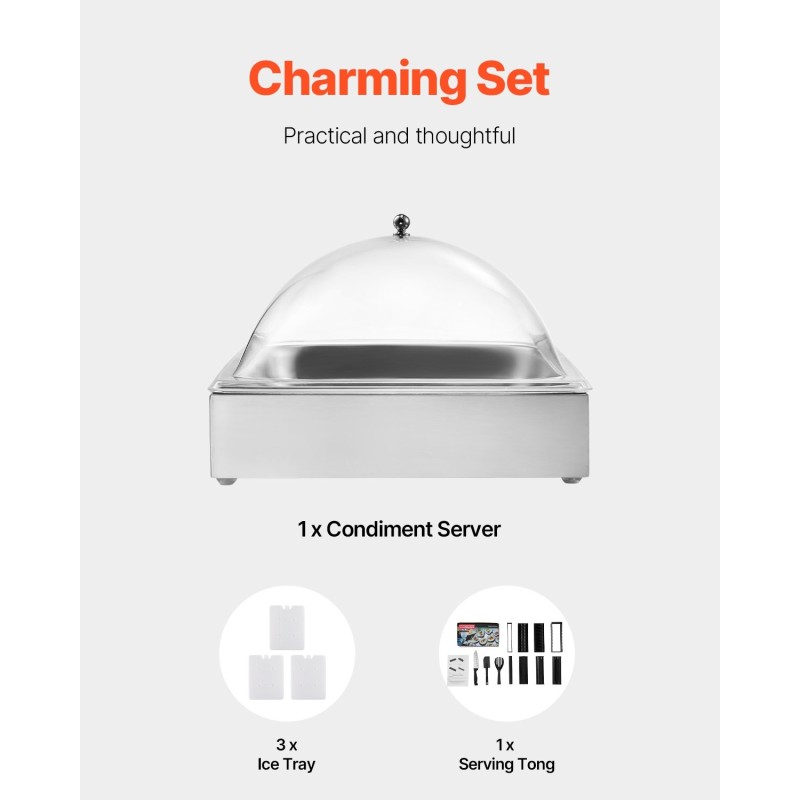 Pöytämallinen tarjoiluastia ruostumatonta terästä yksi lokero kahdeksan litran jäävati läpinäkyvä kaarikansi