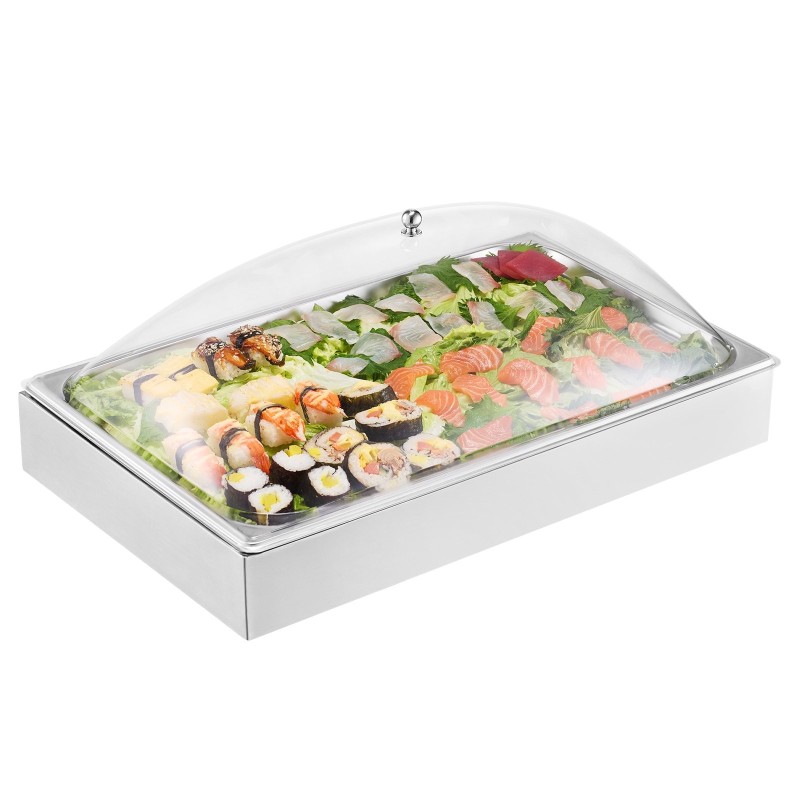 Pöytämallinen tarjoiluastia ruostumatonta terästä yksi lokero kahdeksan litran jäävati läpinäkyvä kaarikansi