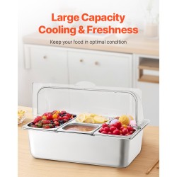 Työtason tarjoilualusta ruostumatonta terästä viisi osastoa läpinäkyvällä kannella lämpimänä ja kylmänä pitämiseen