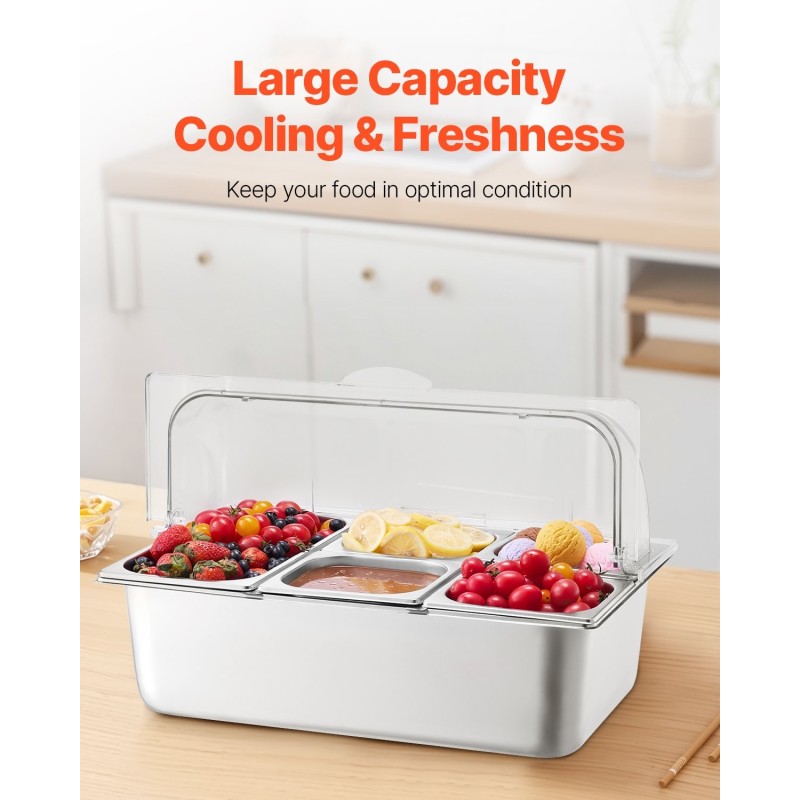 Työtason tarjoilualusta ruostumatonta terästä viisi osastoa läpinäkyvällä kannella lämpimänä ja kylmänä pitämiseen