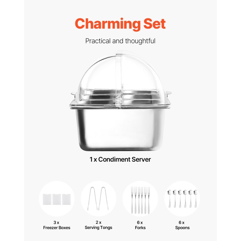 Työtason tarjoilualusta ruostumatonta terästä viisi osastoa läpinäkyvällä kannella lämpimänä ja kylmänä pitämiseen