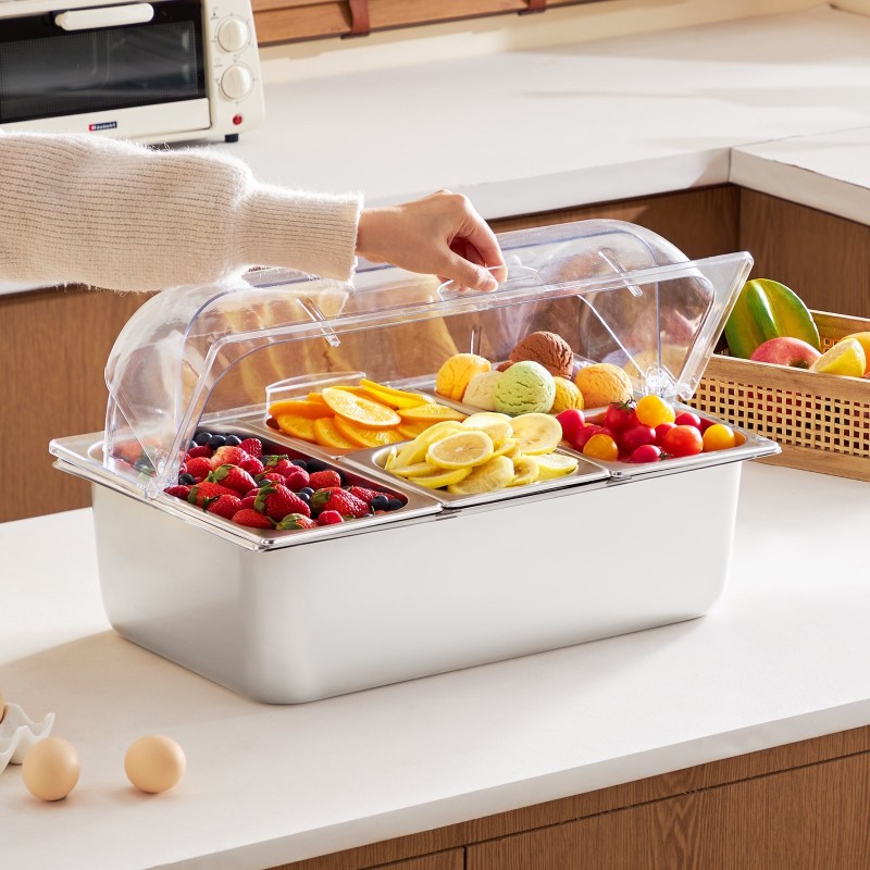 Työtason tarjoilualusta ruostumatonta terästä viisi osastoa läpinäkyvällä kannella lämpimänä ja kylmänä pitämiseen