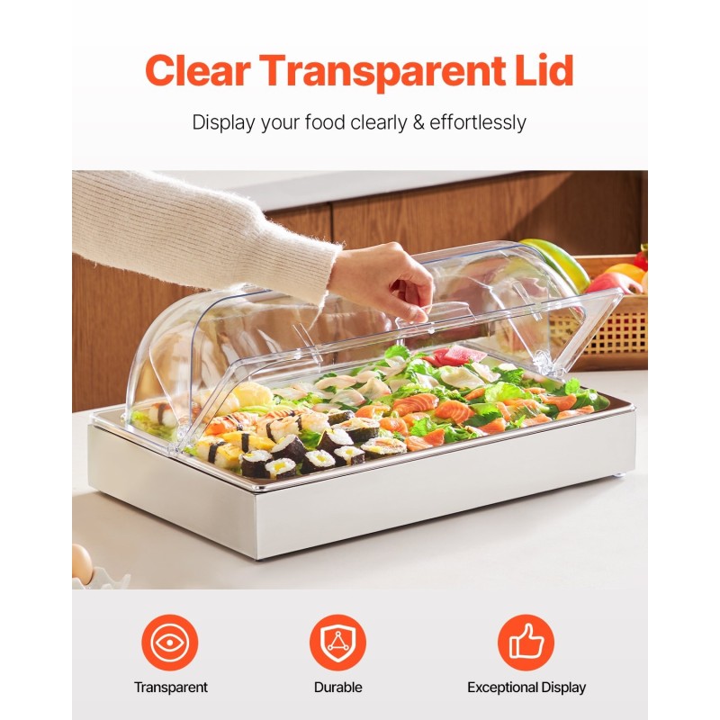 Ruokatarjoilukontti 1/1 GN ruostumatonta terästä läpinäkyvällä kannella