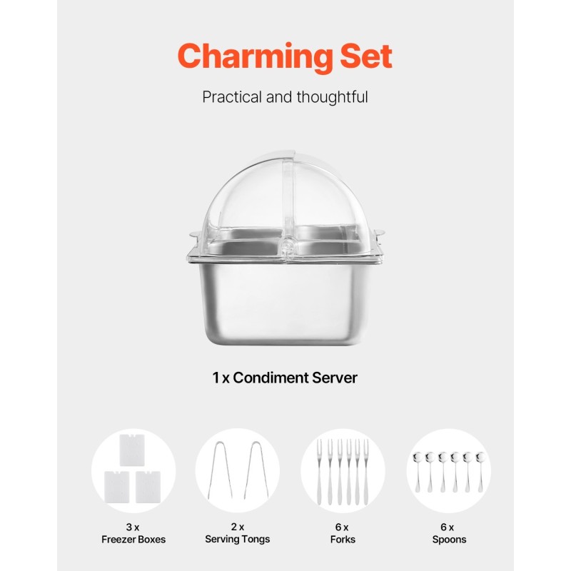 Pöytätason kylmä- ja lämpövitriini ruostumattomasta teräksestä neliosainen 2,5 litraa vuokaa kohden