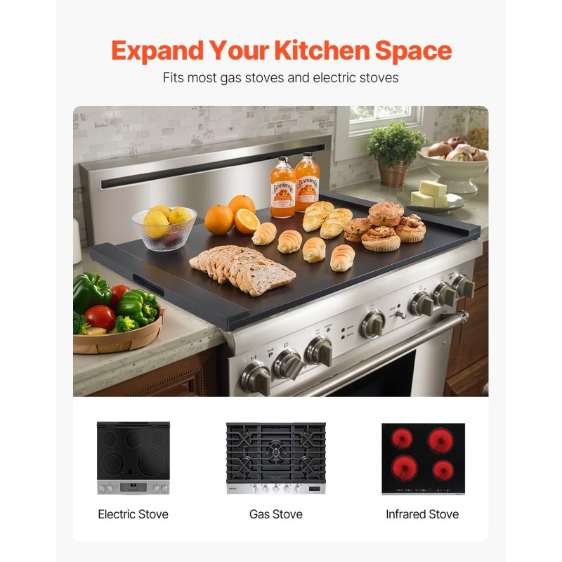 Liesisuojus ja leikkuulauta mäntypuuta 76x56 cm kaasu- ja sähköliedelle integroiduilla alumiinikahvoilla