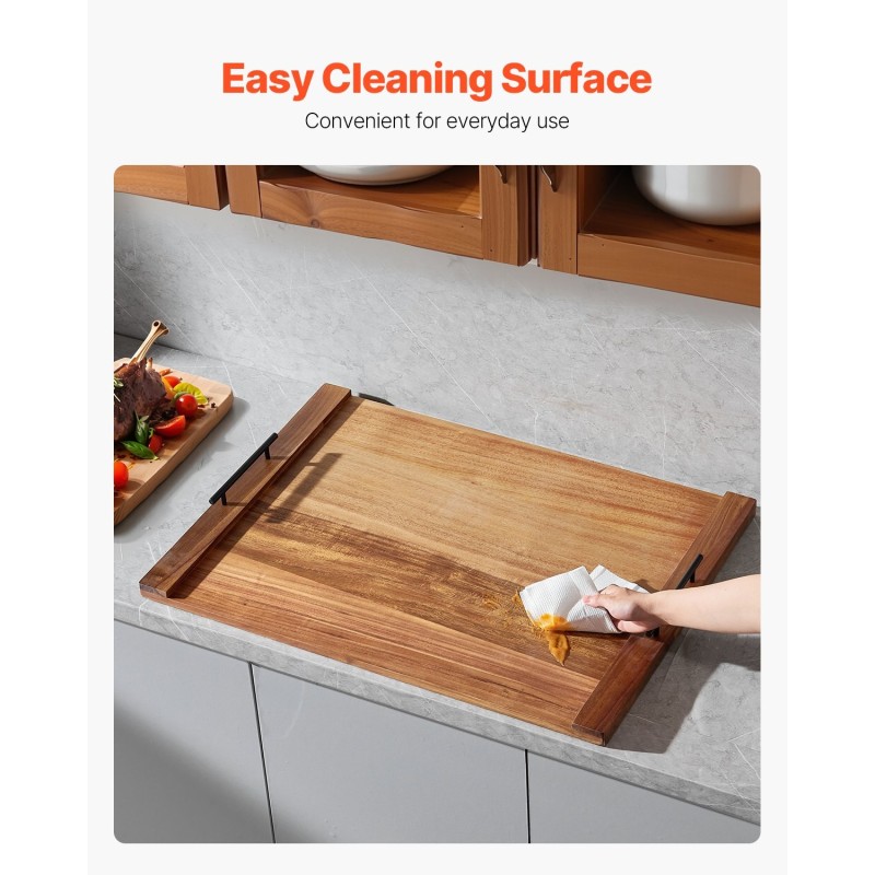 Akaasiapuinen liesitasosuoja ja leikkuulauta 76 x 56 cm alumiinikahvoilla keittiöön