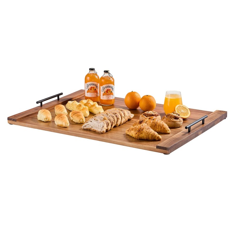 Akaasiapuinen liesitasosuoja ja leikkuulauta 76 x 56 cm alumiinikahvoilla keittiöön