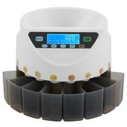 Kolikkolaskuri ja lajittelija 8 eri eurokolikolle 850 kolikon säiliö 147 kolikkoa minuutissa