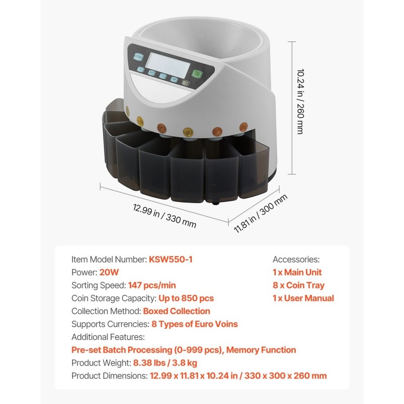 Kolikkolaskuri ja lajittelija 8 eri eurokolikolle 850 kolikon säiliö 147 kolikkoa minuutissa