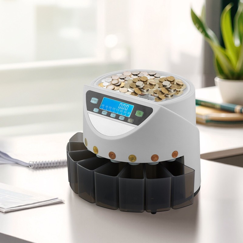 Kolikkolaskuri ja lajittelija 8 eri eurokolikolle 850 kolikon säiliö 147 kolikkoa minuutissa