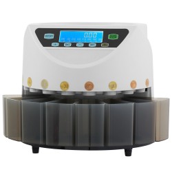 Kolikkolaskuri ja lajittelija 8 eri eurokolikolle 850 kolikon säiliö 147 kolikkoa minuutissa