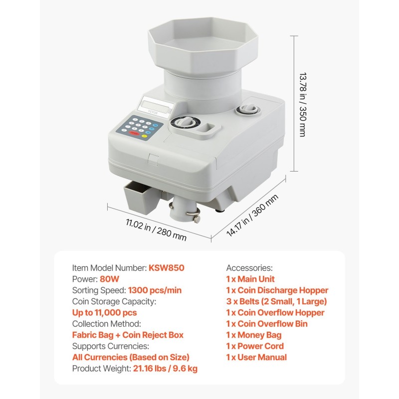 Kolikkolaskuri ja lajittelija ammattikäyttöön 11000 kolikkoa 1300 kpl minuutissa LED-näyttö