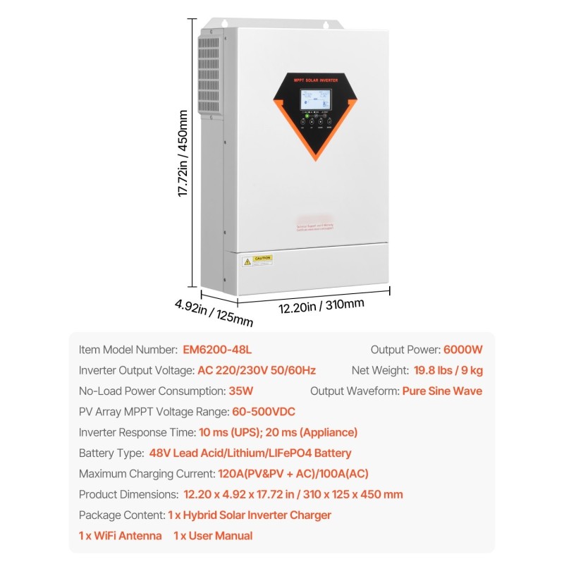 Hybridinvertteri 6000W 48V puhdas siniaalto 120A MPPT