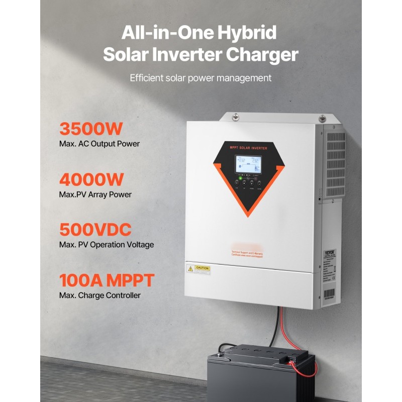 Hybridi-aurinkoinvertteri 3500W 24V 100A MPPT-lataussäätimellä puhdas siniaalto WiFillä